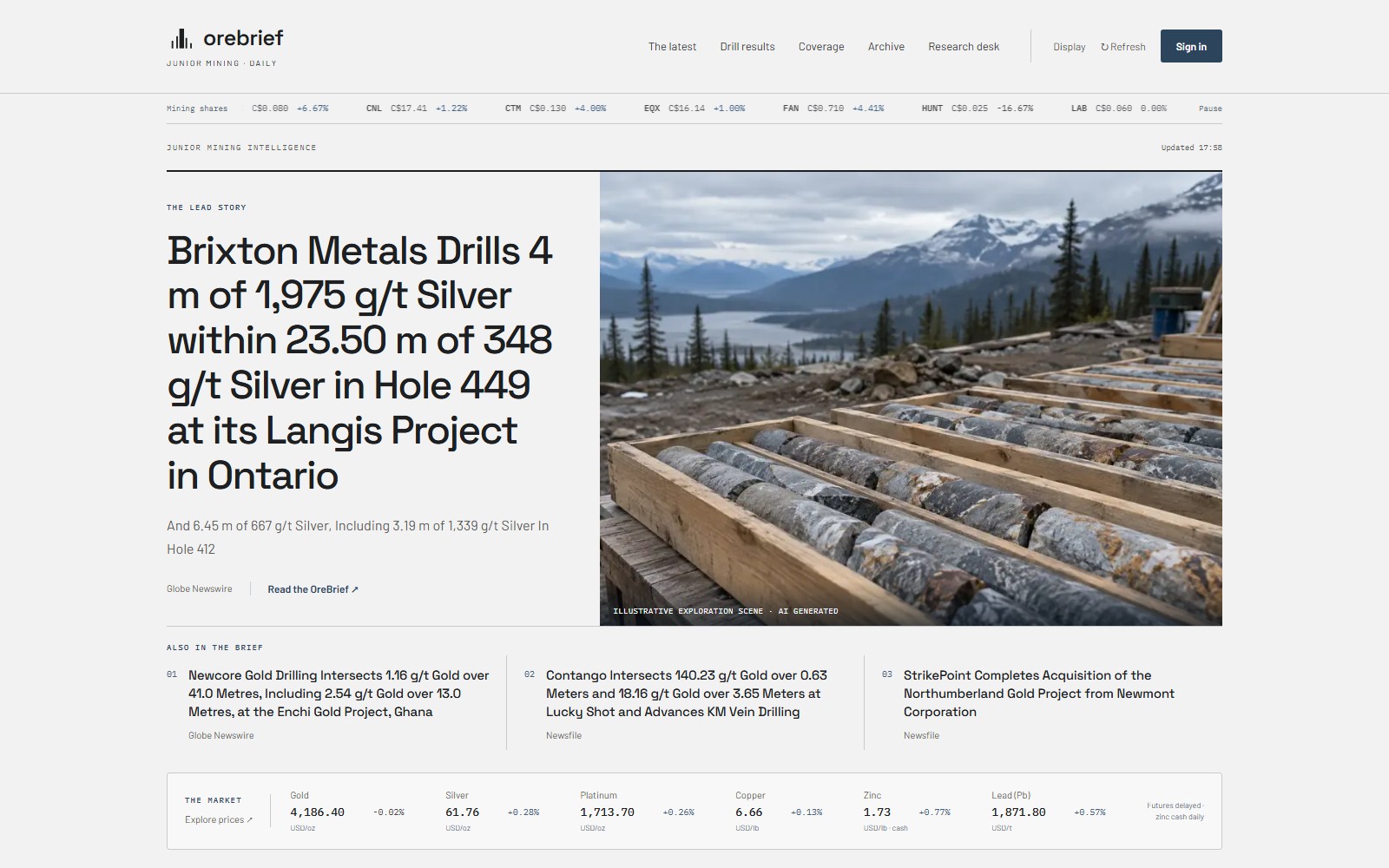 Ore Brief design preview with an editorial masthead, lead story beside drill-core imagery, and market overview